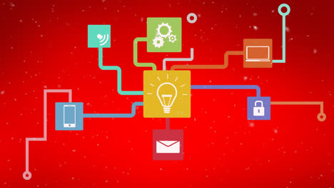 Animation-of-snow-falling-over-network-of-connections-with-icons-on-red-background