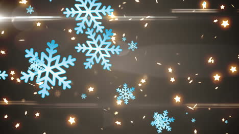 Animation-of-snowflakes-and-illuminated-stars-with-lens-flares-over-black-background