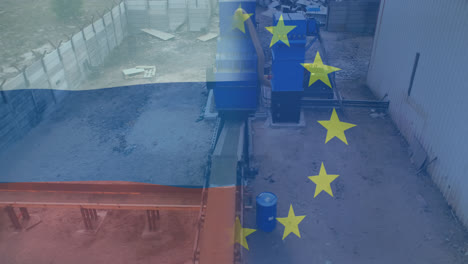 Animation-Der-Flaggen-Der-EU-Und-Russlands-über-Einer-Müllhalde