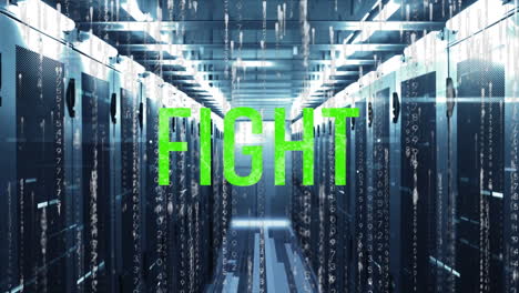 Animation-of-fight-text-banner,-binary-coding-and-mosaic-sqaures-against-computer-server-room