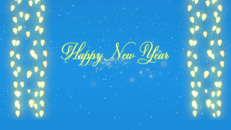 Animation-of-white-particles-over-happy-new-year-text-and-hanging-fairy-lights-on-blue-background