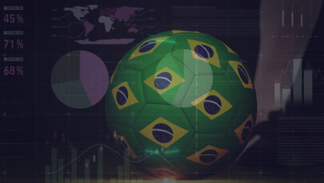 Animation-of-data-processing-and-football-with-flag-of-brazil-over-soccer-player-kicking