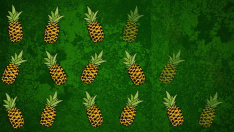 Animation-of-rows-of-pineapples-moving-over-green-background