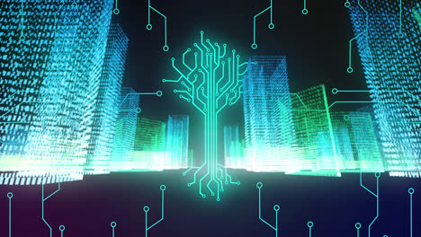 Animation-of-integrated-circuit-over-metaverse-cityscape-and-black-background