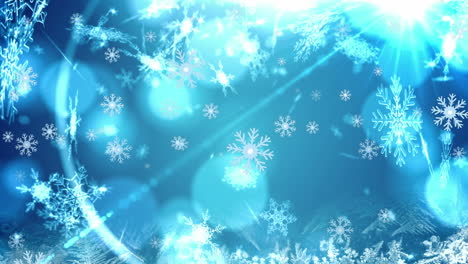 Animation-of-snowflakes-and-lens-flares-over-blue-background