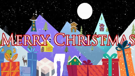 Animation-of-snow-falling-over-merry-christmas-text-banner-and-gifts-against-winter-landscape