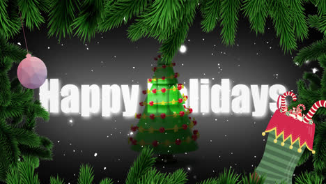 Animation-of-fir-tree-over-happy-holidays-text-and-christmas-tree-on-black-background