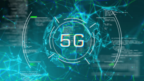 Animation-of-5g-over-globe,-connections,-data-and-digital-screen