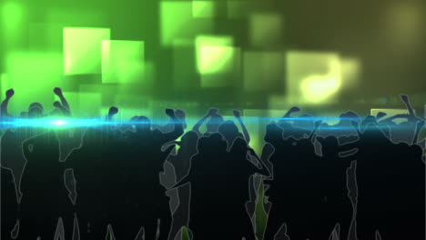 Animation-of-glowing-green-squares-and-people-dancing-on-green-background