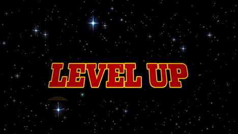 Animation-of-level-up-text-with-lightnings-and-stars-over-black-background
