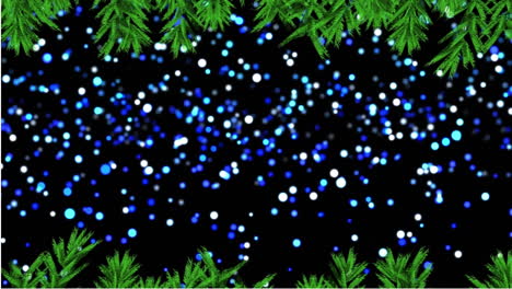 Animatiion-of-green-branches-over-glowing-blue-spots-of-light-against-black-background