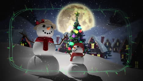 Frame-of-coloured-string-lights-flashing-over-snowmen-in-christmas-scene-with-santa-in-sleigh