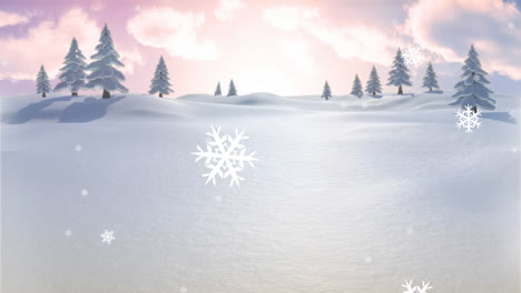 Animation-of-snowflakes-falling-over-trees-on-winter-landscape-against-sunset-sky