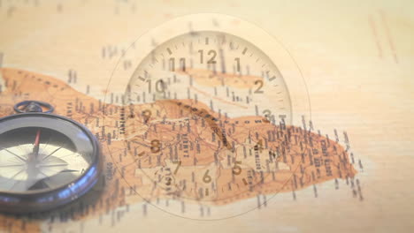 Animation-of-clock-with-fast-moving-over-compass-on-moving-world-map
