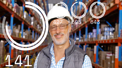 Animation-of-data-processing-and-circles-over-happy-caucasian-male-worker-in-warehouse
