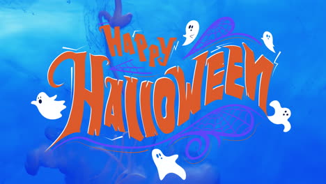 Animation-of-happy-halloween-text-and-ghosts-over-blue-background