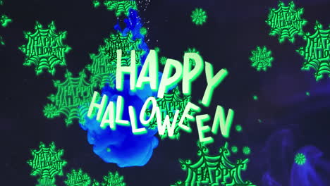 Animation-of-happy-halloween-text-and-spiderwebs-on-black-background