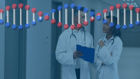 Animation-of-dna-over-diverse-female-and-male-doctors-talking