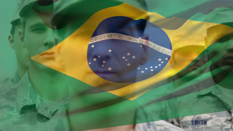 Animation-Der-Brasilianischen-Flagge-über-Verschiedenen-Männlichen-Soldaten