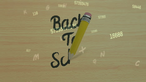 Animation-of-pencil-with-back-to-school-text-and-numbers-on-wooden-background
