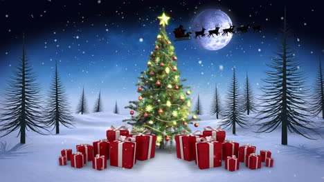 Animation-of-snow-falling-over-christmas-tree-and-gifts-on-winter-landscape-against-night-sky