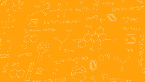 Animation-of-laboratory-equipment-icon-against-chemical-structures-and-equations-in-seamless-pattern