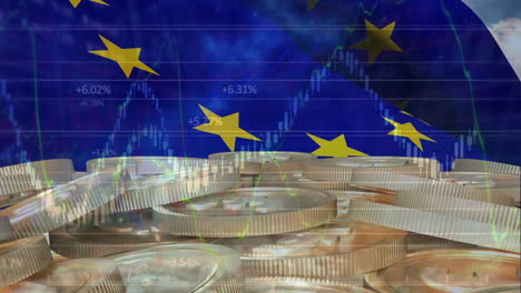 Animation-of-financial-data-processing-and-pile-of-coins-against-waving-eu-flag-and-blue-sky