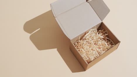 An-open-cardboard-box-filled-with-packing-material-is-presented-on-a-plain-background,-with-copy-spa