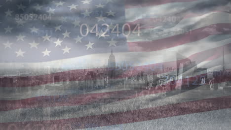 Animation-of-changing-numbers-and-waving-us-flag-against-aerial-view-of-cityscape