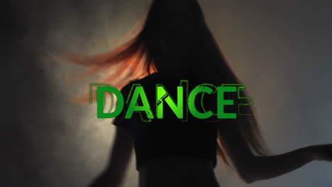 Animation-of-dance-text-over-silhouette-of-danging-woman
