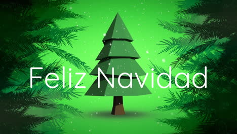 Animation-of-felix-navidad-text-and-snow-fallling-over-spinning-christmas-tree-and-branches