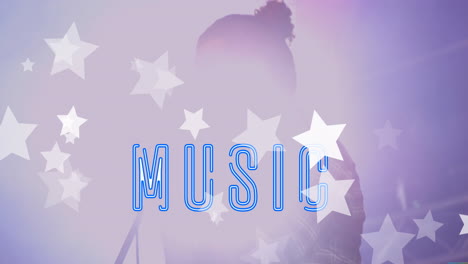 Animation-of-neon-music-text-banner-and-stars-icons-against-biracial-male-singer-singing-at-concert
