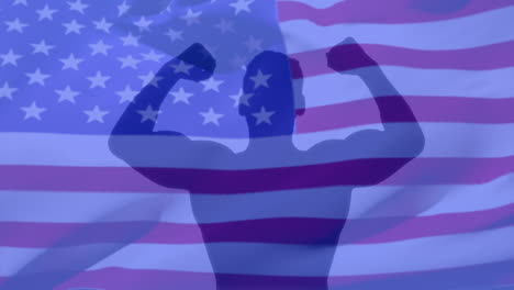 Animation-of-america-the-brave-text-over-strong-man-and-flag-of-united-states-of-america