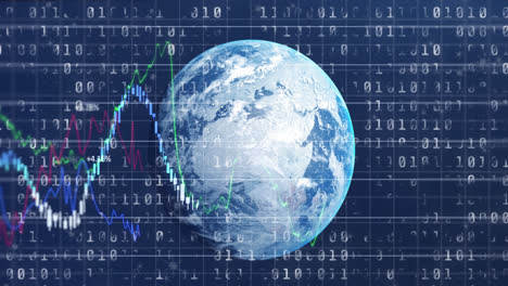 Animation-Der-Verarbeitung-Finanzieller-Daten-über-Globus-Und-Binärcodierung-Vor-Blauem-Hintergrund