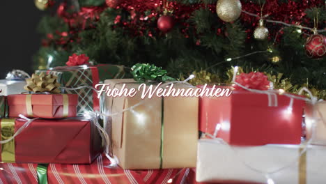 Frohe-weihnachten-test-over-christmas-presents-and-lights-under-decorated-tree