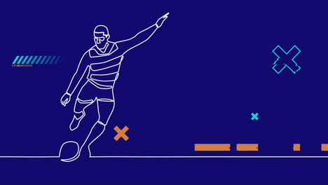 Animation-Der-Zeichnung-Eines-Männlichen-Rugbyspielers,-Der-Einen-Ball-Kickt,-Und-Formen-Auf-Blauem-Hintergrund