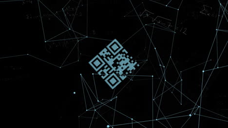 Animation-of-network-of-connections-over-mathematical-equations-with-qr-code-on-black-background