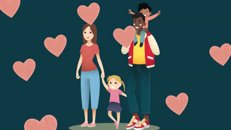 Animation-of-diverse-parents-and-children-over-green-background-with-hearts