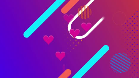 Animation-of-pink-hearts-over-abstract-shapes-on-pink-to-purple-background