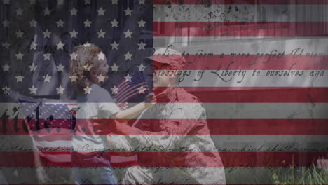 Animation-of-american-flag-and-constitution-over-soldier-father-greeting-daughter