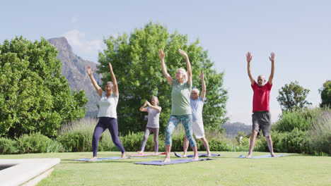 Diverse-group-of-male-and-female-seniors-practicing-yoga-together-in-sunny-garden,-slow-motion