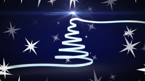 Animation-of-stars-floating-and-light-spot-over-ribbon-forming-a-christmas-tree-on-blue-background