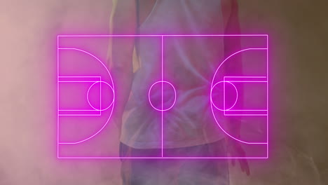 Animation-of-pink-basketball-court-and-smoke-over-african-american-male-basketball-player-with-ball