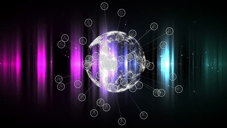 Animation-of-digital-icons-over-spinning-globe-against-pink-and-blue-glowing-light-trails