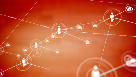 Animation-of-network-of-digital-icons-against-orange-textured-background