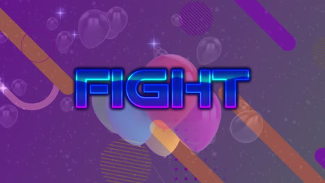 Animation-of-fight-text-banner-over-bubbles,-balloons-and-abstract-shapes-on-purple-background