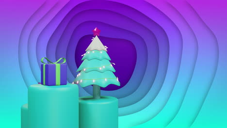 Christmas-tree,-bauble-and-present-on-rotating-podium-over-blue-and-purple-background