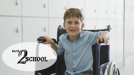 Animation-of-back-to-school-text-over-happy-caucasian-schoolboy-in-wheelchair