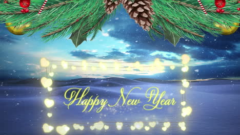 Animation-of-snow-falling-over-happy-new-year-text-and-fairy-lights-against-winter-landscape