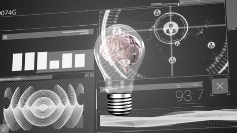 Animation-of-data-processing-over-spinning-brain-in-lightbulb-on-gray-background